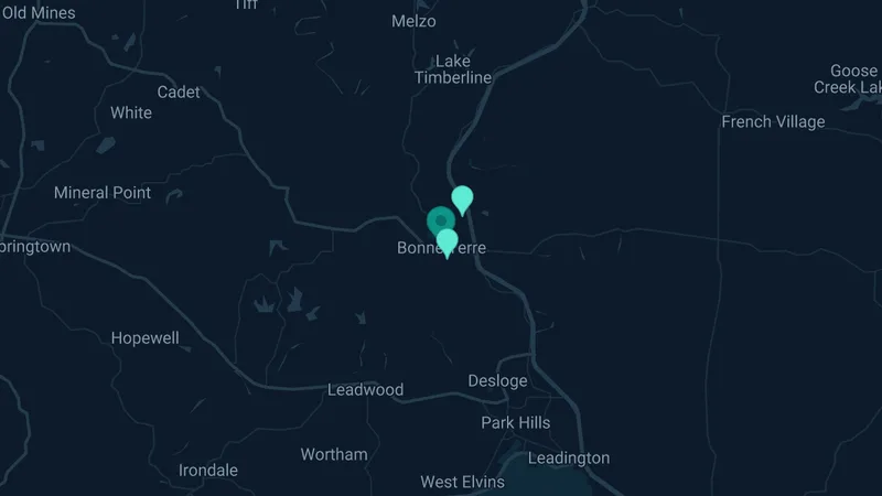 Map of Bonne Terre, Missouri: 2 documented asbestos exposure sites