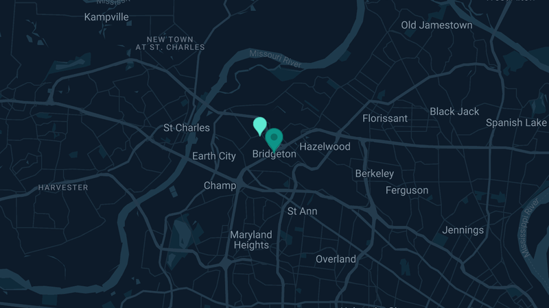 Map of Bridgeton, Missouri — 3 documented asbestos exposure sites