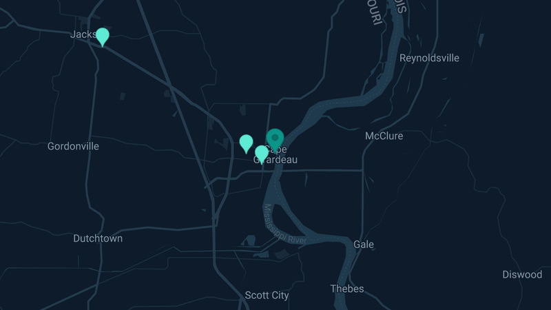 Map of Cape Girardeau, Missouri — 5 documented asbestos exposure sites