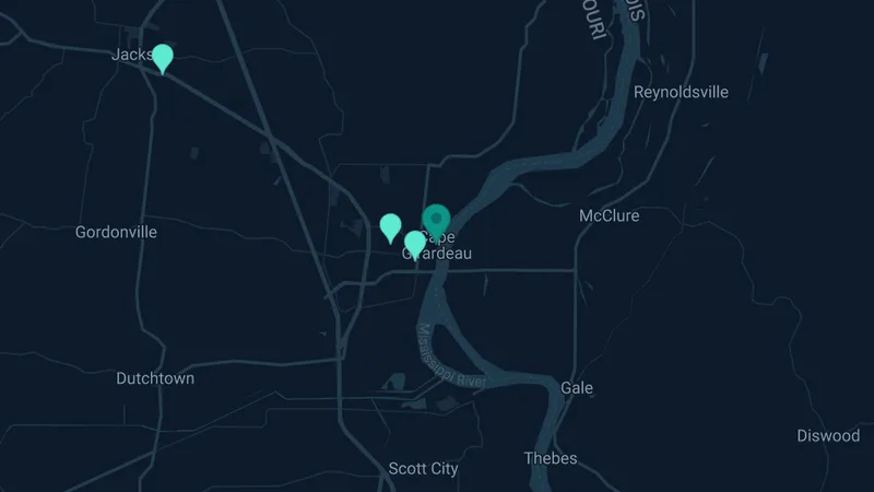 Map of Cape Girardeau, Missouri: 5 documented asbestos exposure sites