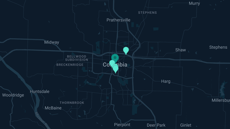 Map of Columbia, Missouri — 8 documented asbestos exposure sites
