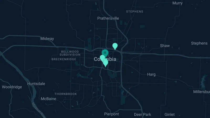 Map of Columbia, Missouri: 8 documented asbestos exposure sites