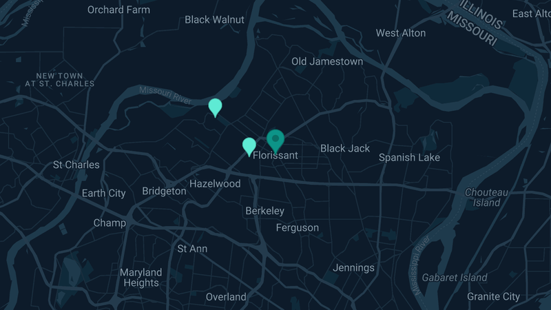 Map of Florissant, Missouri — 2 documented asbestos exposure sites