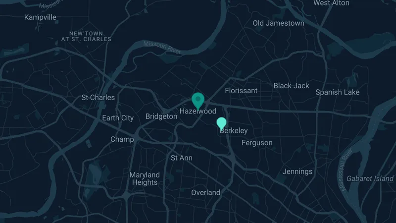 Map of Hazelwood, Missouri: 5 documented asbestos exposure sites