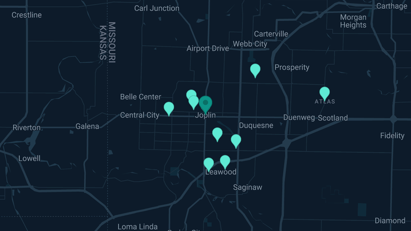 Map of Joplin, Missouri — 15 documented asbestos exposure sites