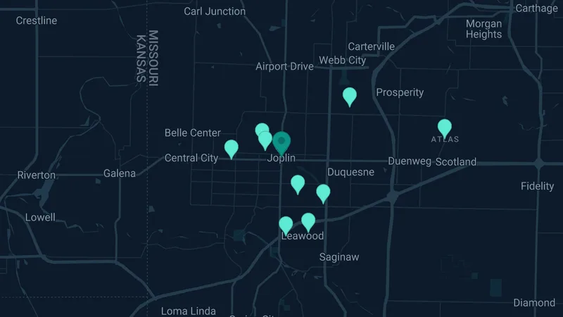 Map of Joplin, Missouri: 15 documented asbestos exposure sites