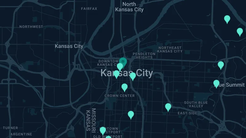 Map of Kansas City, Missouri: 39 documented asbestos exposure sites