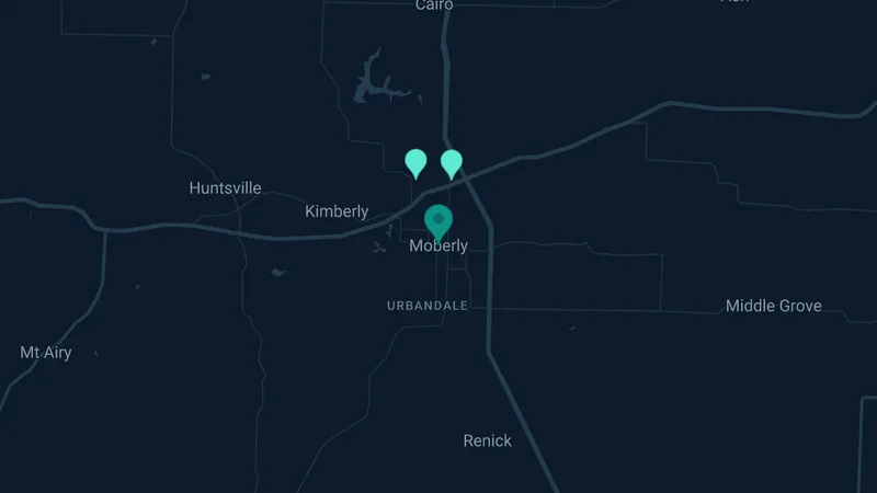 Map of Moberly, Missouri: 2 documented asbestos exposure sites