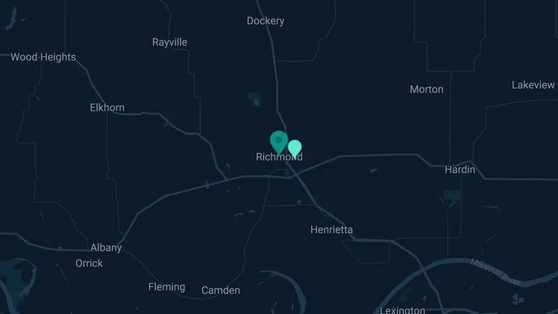 Map of Richmond, Missouri: 2 documented asbestos exposure sites
