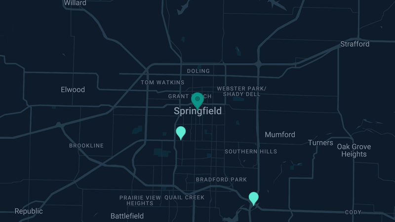 Map of Springfield, Missouri — 6 documented asbestos exposure sites