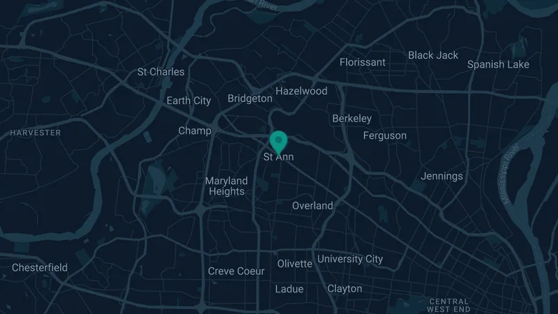 Map of St. Ann, Missouri: 2 documented asbestos exposure sites