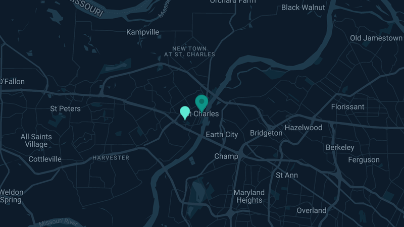 Map of St. Charles, Missouri — 4 documented asbestos exposure sites