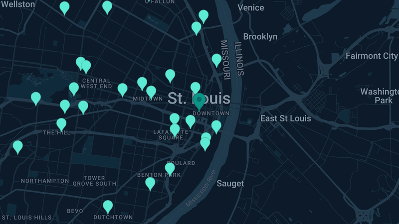 Map of St. Louis, Missouri — 125 documented asbestos exposure sites