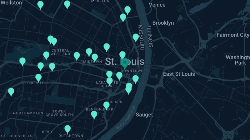 Map of St. Louis, Missouri: 125 documented asbestos exposure sites
