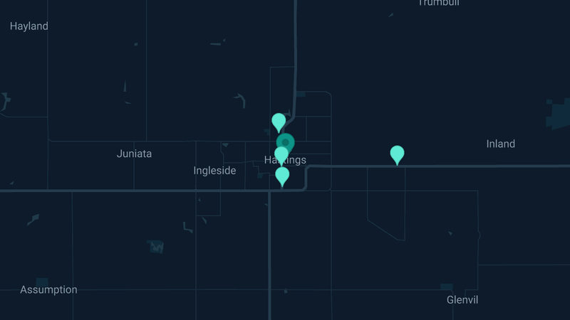 Map of Hastings, Nebraska — 5 documented asbestos exposure sites