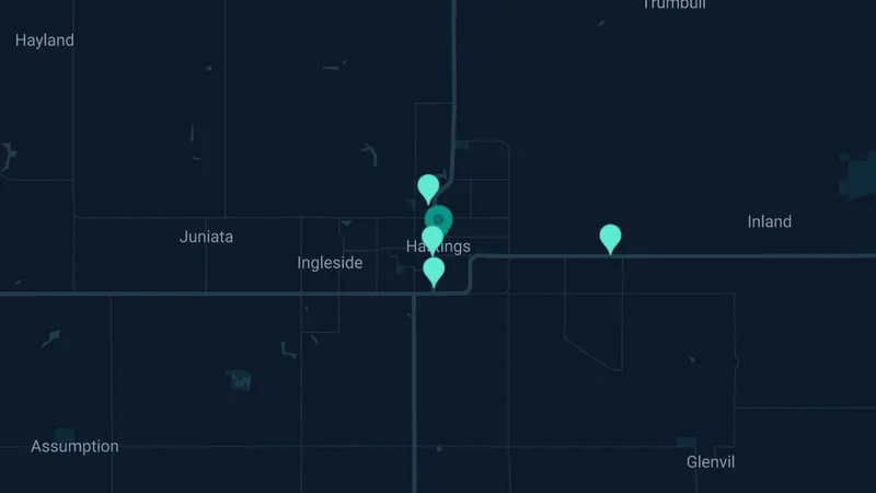 Map of Hastings, Nebraska: 5 documented asbestos exposure sites