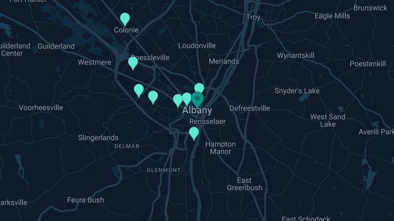 Map of Albany, New York — 8 documented asbestos exposure sites