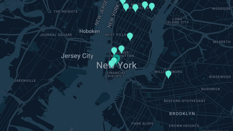 Map of New York, New York — 35 documented asbestos exposure sites