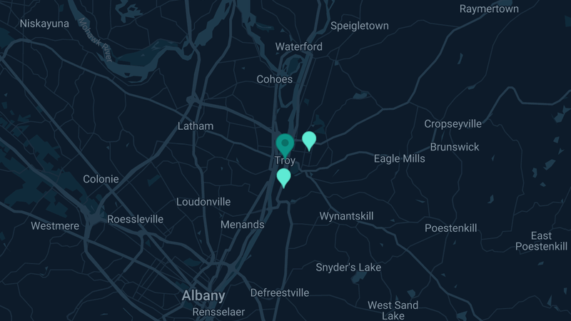 Map of Troy, New York — 2 documented asbestos exposure sites