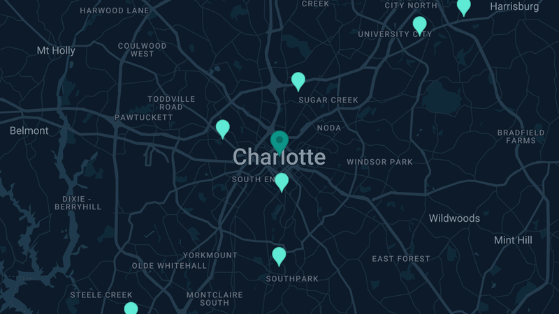 Map of Charlotte, North Carolina — 11 documented asbestos exposure sites