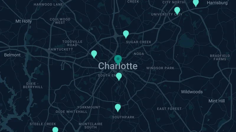 Map of Charlotte, North Carolina: 11 documented asbestos exposure sites