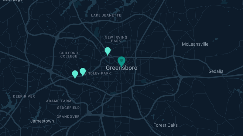 Map of Greensboro, North Carolina — 4 documented asbestos exposure sites