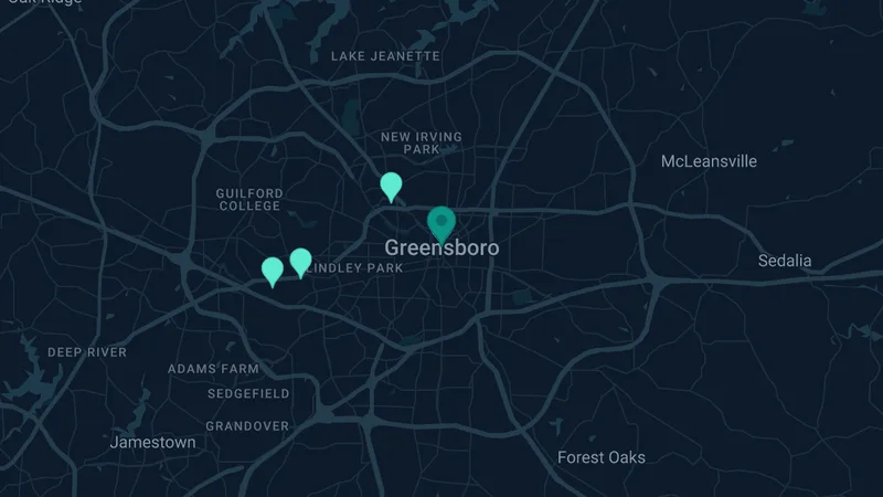 Map of Greensboro, North Carolina: 4 documented asbestos exposure sites