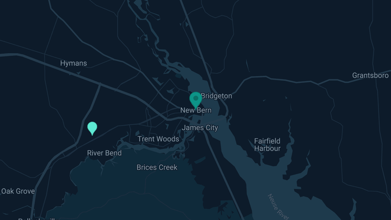 Map of New Bern, North Carolina — 2 documented asbestos exposure sites