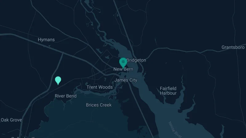 Map of New Bern, North Carolina: 2 documented asbestos exposure sites