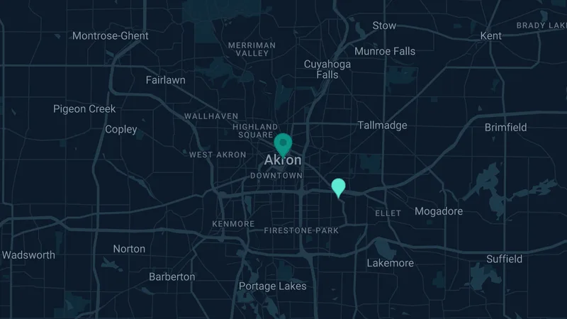 Map of Akron, Ohio: 2 documented asbestos exposure sites