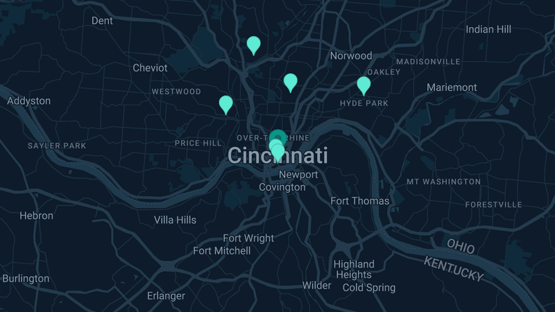 Map of Cincinnati, Ohio — 10 documented asbestos exposure sites