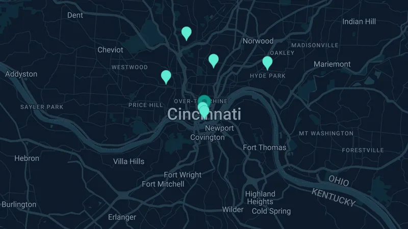 Map of Cincinnati, Ohio: 10 documented asbestos exposure sites