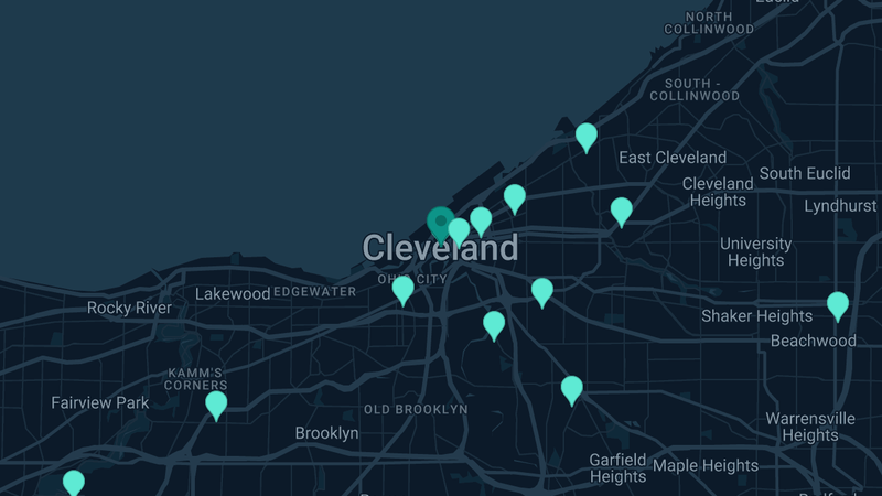 Map of Cleveland, Ohio — 23 documented asbestos exposure sites