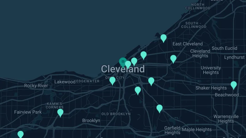 Map of Cleveland, Ohio: 23 documented asbestos exposure sites