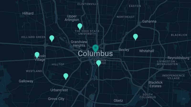 Map of Columbus, Ohio: 12 documented asbestos exposure sites