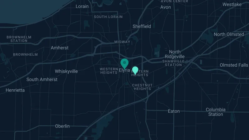 Map of Elyria, Ohio: 2 documented asbestos exposure sites