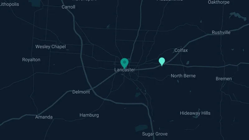 Map of Lancaster, Ohio: 2 documented asbestos exposure sites