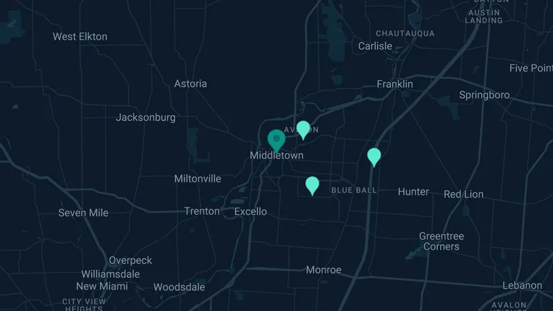 Map of Middletown, Ohio: 3 documented asbestos exposure sites