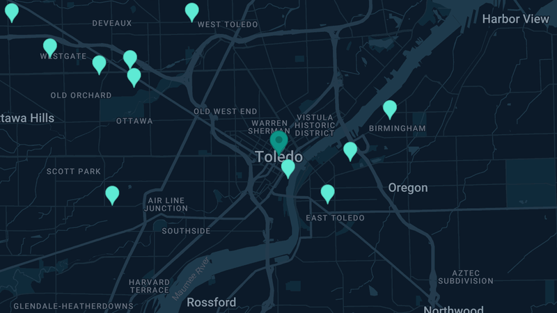 Map of Toledo, Ohio — 32 documented asbestos exposure sites