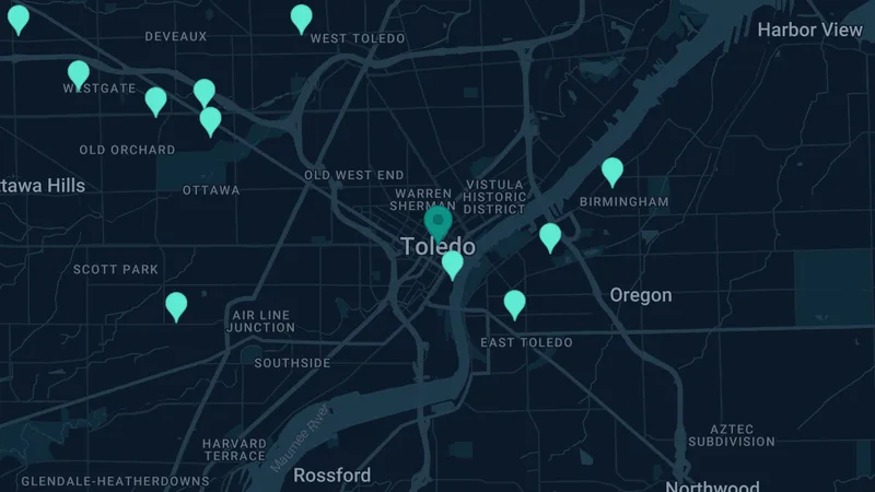 Map of Toledo, Ohio: 32 documented asbestos exposure sites