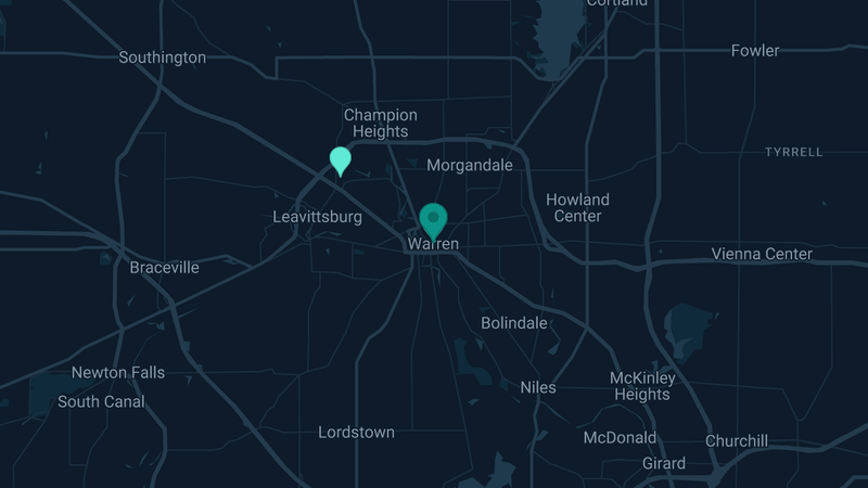 Map of Warren, Ohio — 2 documented asbestos exposure sites