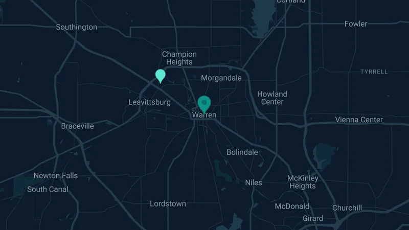 Map of Warren, Ohio: 2 documented asbestos exposure sites