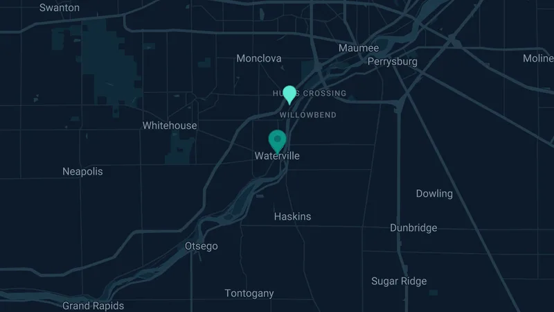Map of Waterville, Ohio: 2 documented asbestos exposure sites