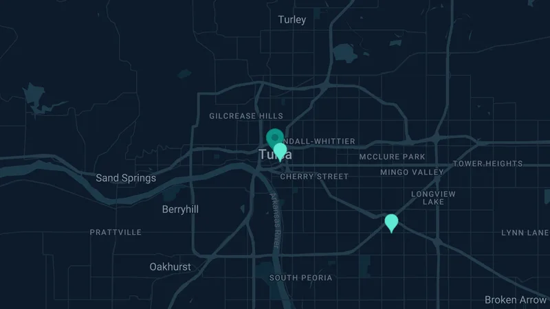 Map of Tulsa, Oklahoma: 7 documented asbestos exposure sites