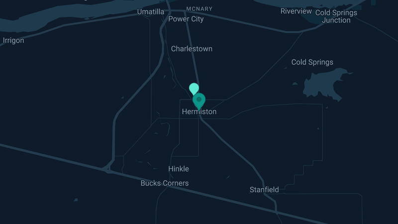 Map of Hermiston, Oregon — 2 documented asbestos exposure sites