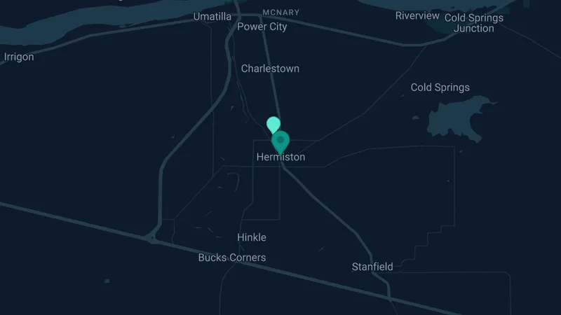 Map of Hermiston, Oregon: 2 documented asbestos exposure sites