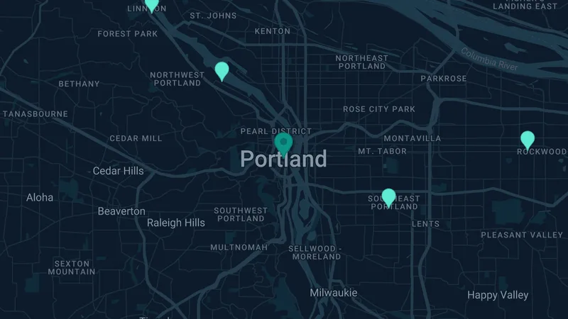 Map of Portland, Oregon: 6 documented asbestos exposure sites