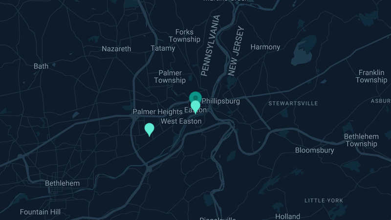 Map of Easton, Pennsylvania — 3 documented asbestos exposure sites
