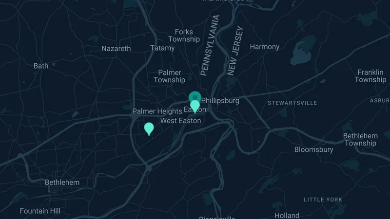Map of Easton, Pennsylvania: 3 documented asbestos exposure sites