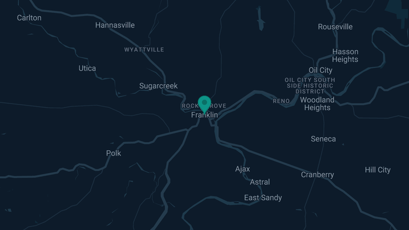 Map of Franklin, Pennsylvania — 2 documented asbestos exposure sites
